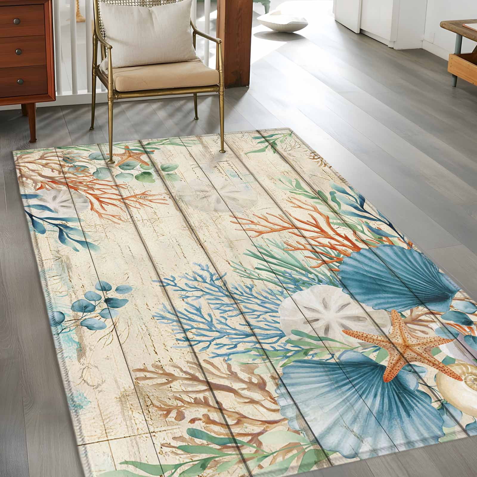 Rectangle Area Rugs 2.7 x 5 Ft, Beige Beach Coastal Non-Slip Residential Carpet, Summer Nautical Coral Shell Botanical Vintage Indoor Crawling Mats Runner Rugs for Living Room/Dining Room/Bedroom
