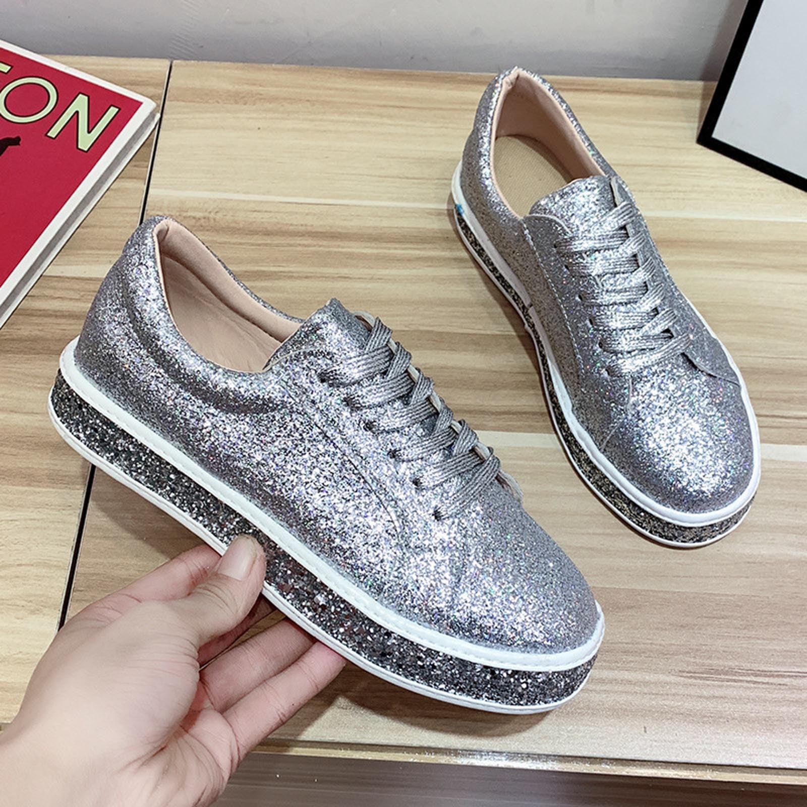 Jsezml Women's Glitter Shoes Sparkly Sequins Tennis Shoes Low Top Lace Up  Canvas Sneakers Fashion Casual Walking Shoes
