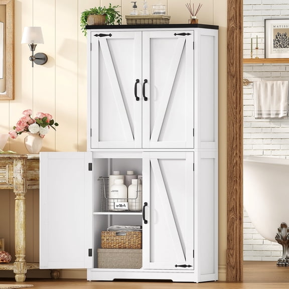 58.27” Kitchen Pantry Cabinets With 4 Doors, Storage Cabinets, Cupboard, Tall Bathroom Cabinets For Dinning Room, Living Room, White