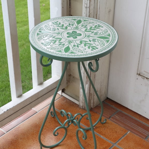 Outdoor Side Table,14" Round Ceramic Tile Tabletop Accent Table with Metal Frame, Indoor Decorative Plant Stand & End Table for Home,Patio,Garden