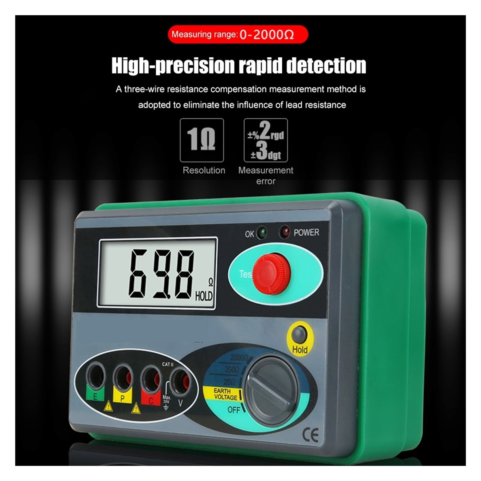 Insulation Resistance Tester Meter Earth Resistance Voltage Tester Ground 0-2000 Ohm Digital Megohmmeter