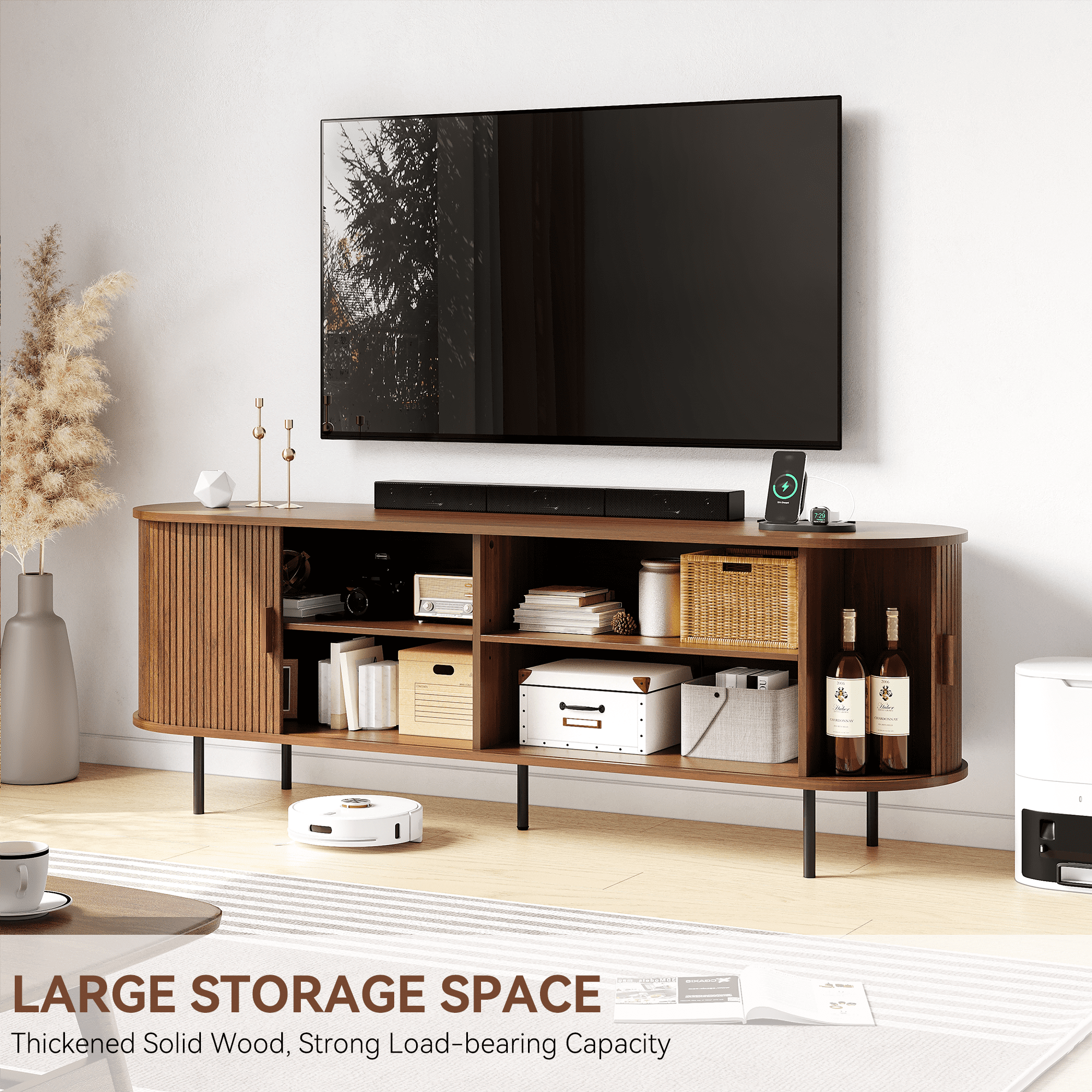 MARNUR 63" TV Stand for 70" TV, Wood Entertainment Center with Storage and Shelves, 2 Sliding Tambour Doors, Mid-Century Modern, Walnut
