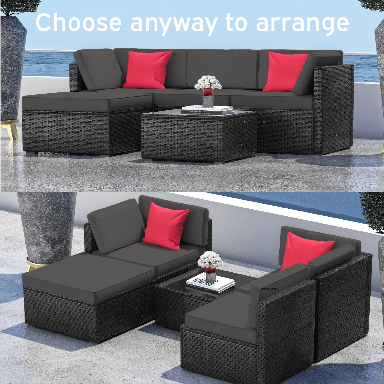 Hearth & Harbor 5-Piece Outdoor Furniture Sets, Wicker Sectional Patio Set, Black/Gray