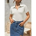 thumbnail image 3 of Women's Short Sleeve V Neck T Shirts 2024 Summer Knit Slim Fitted Basic Solid Color Tee Tops, 3 of 6