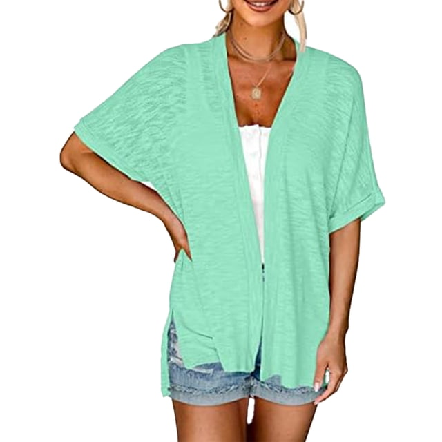 Daeful Womens Shirt Cardigan Solid Cover Up Spring Open Front Lightweight Green L