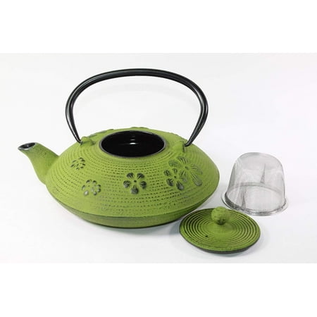 Japanese Antique 24 Fl Oz Green Sakura Flower Cast Iron Teapot Tetsubin with Infuser