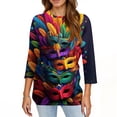 thumbnail image 5 of Hogleaql Women's Mardi Gras Tops 3/4 Sleeve Crew Neck Loose Tops Carnival Mask Prints Pullover Dressy Relaxed Fit Shirts Casual Blouses Yellow S, 5 of 6