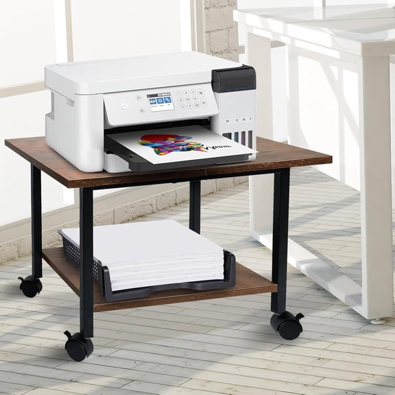 Printer Stand with Storage Shelf, Small Printer Stand for Desk Office Home, Under Desk Printer Table with Rolling Wheels, Heavy Duty Mobile Machine Cart with Shelf, Rustic Brown