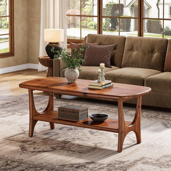 Finmind 47.24" Solid Wood Coffee Table, Mid-Century Modern 2-Tier Center Table with Rounded Corners