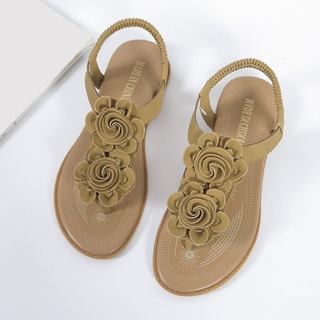 

CAICJ98 Wedge Sandals for Women Summer Flat Sandals for Women Comfortable Casual Beach Shoes Bohemian Beaded Flip Flops Sandals Yellow