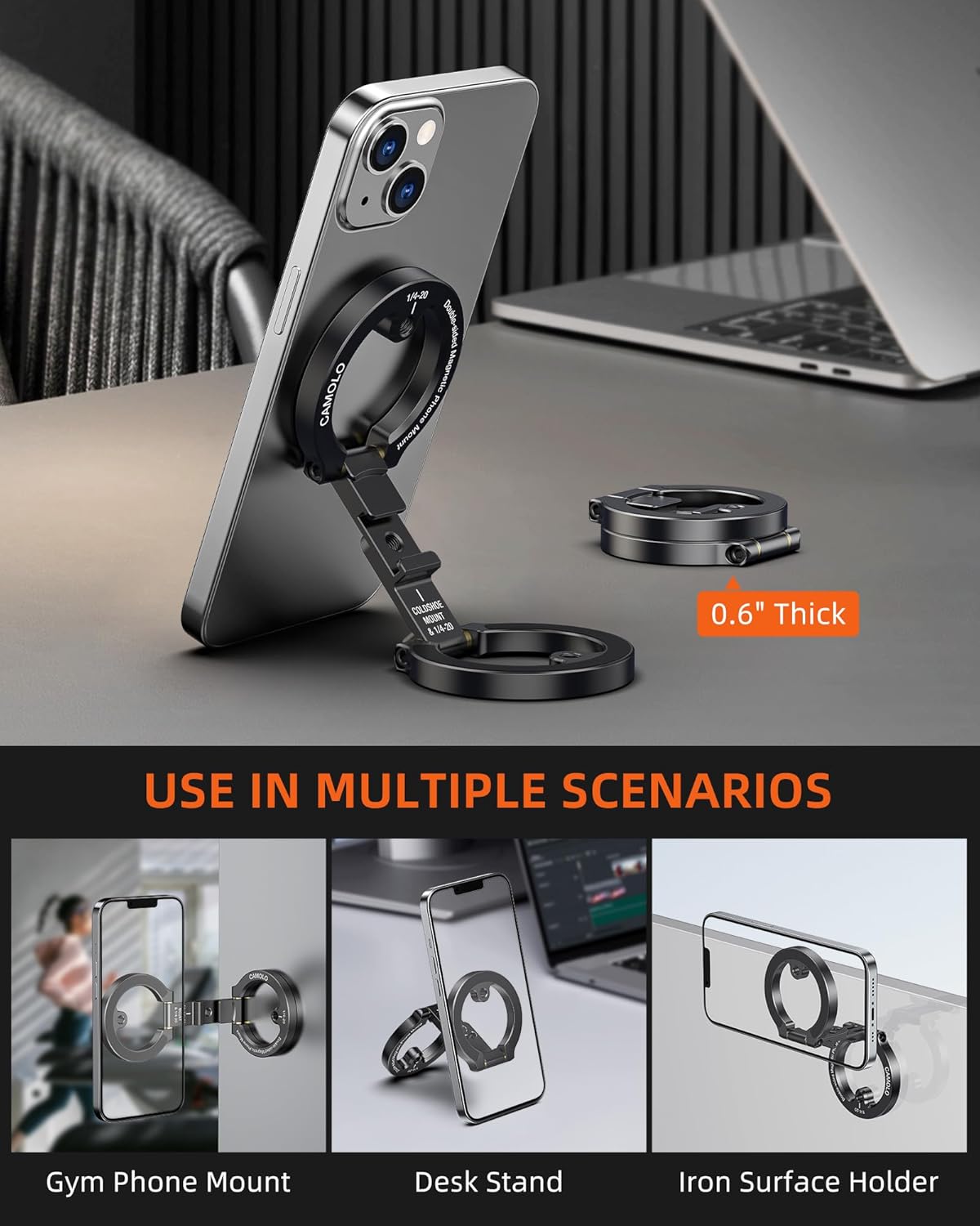 CAMOLO Dual Magnetic Phone Holder Compatiable with Magsafe iPhone 16 15 14 13 12 Pro Max Plus Series 1/4" Screw Tripod Mount Gym Magnetic Phone Stand Travel