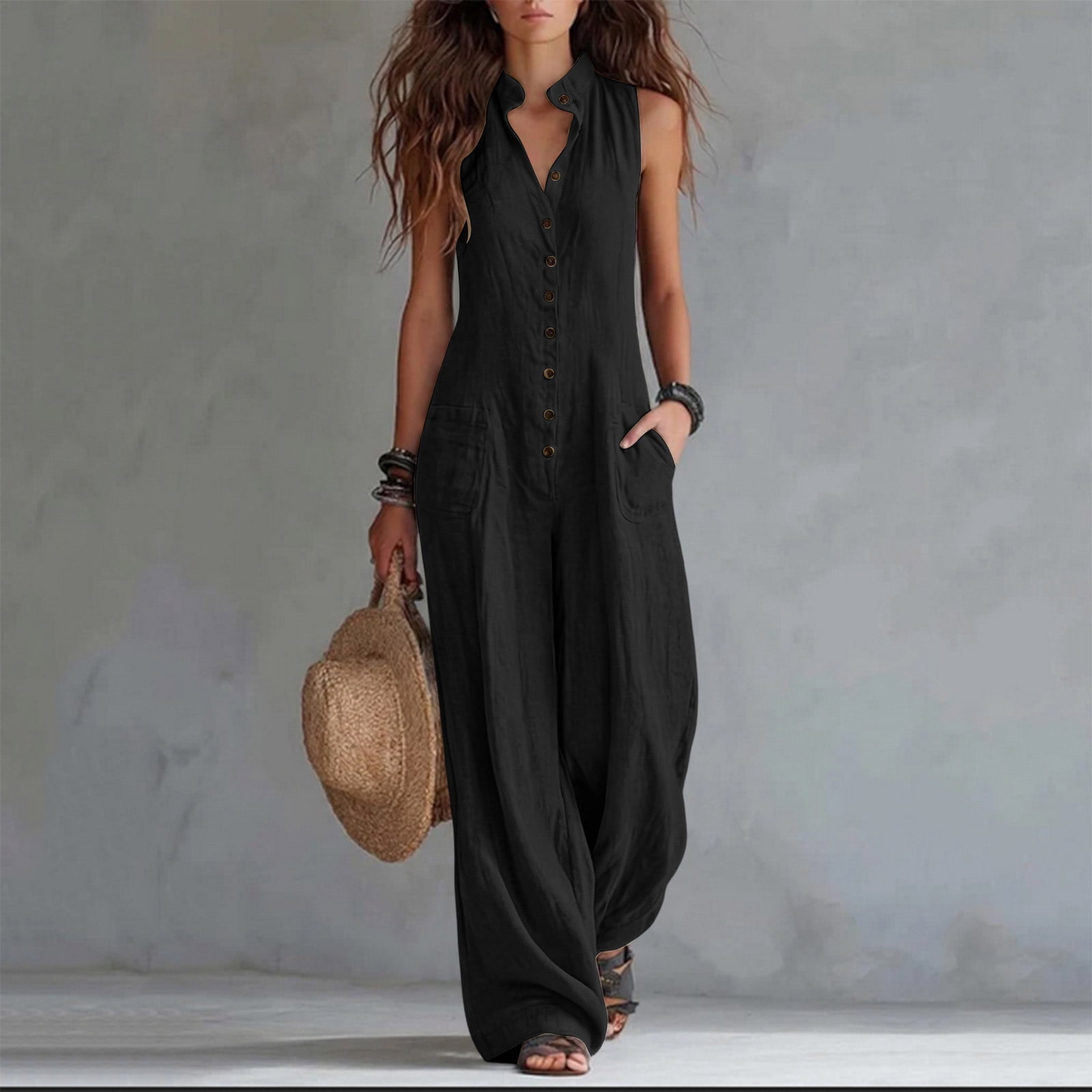 Vynhevius Women's Stand Collar Jumpsuit Sleeveless Button Front Pockets Wide Leg Casual One Piece