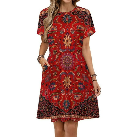 Red Persian Dress Summer Street Style Dresses Female Short Sleeve Printed Sundress