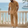 thumbnail image 6 of Kakii Men's Beach Hoodie Set, Light Taupe Short Sleeve Hooded Shirt & Drawstring Pants, Linen Blend Casual Lounge Outfit for Vacation, 6 of 9