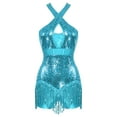 thumbnail image 3 of Nyeemya Women Glitter Sequins Latin Dance Leotard Crisscross Tassel Fringed Gymnastics Ballet Sky Blue S, 3 of 7