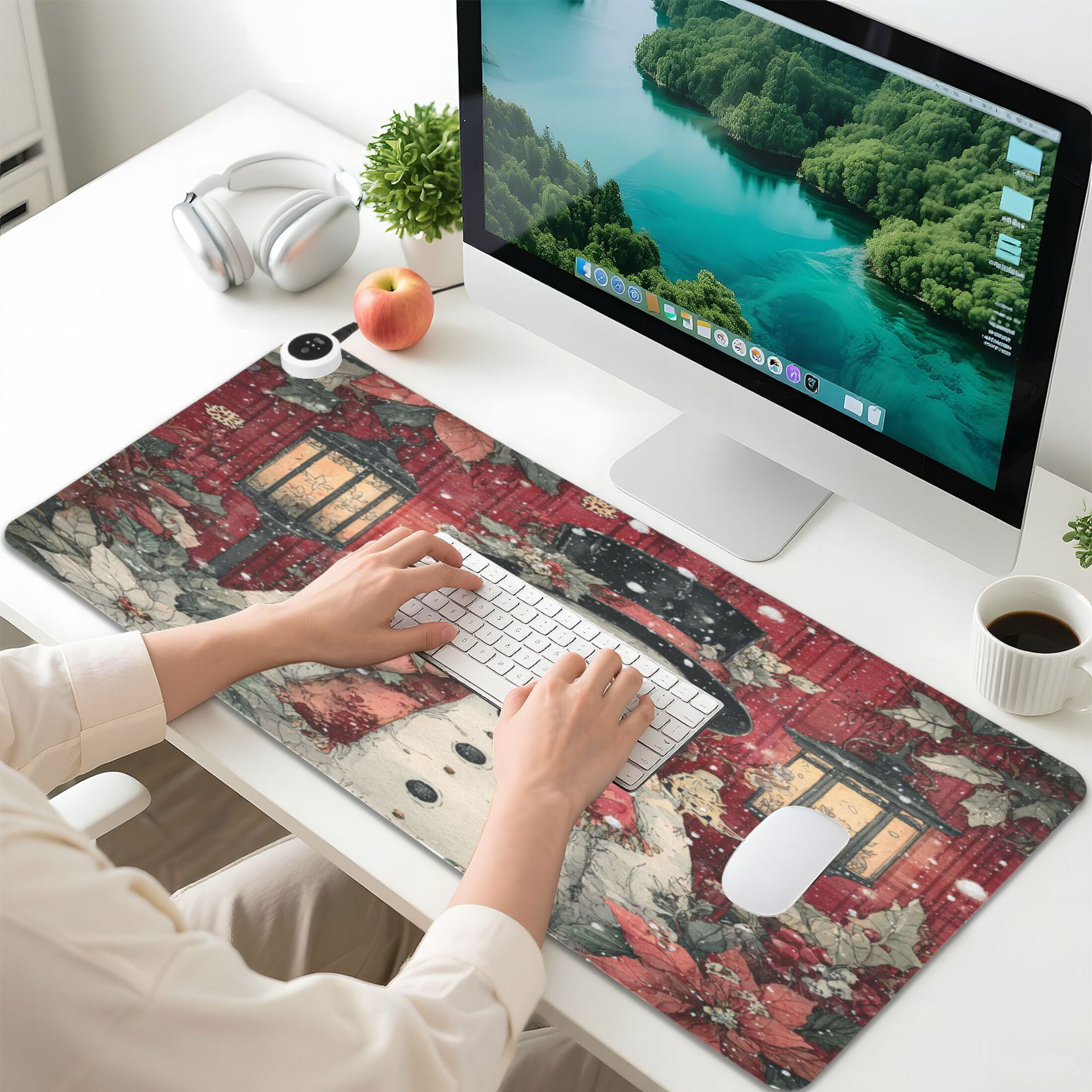Wobogo Plump Snowman Heated Mouse Pad Extra-Large Desk Mat With 3 Heating Levels and 3-hour Auto Shut-Off Protection Ideal for Computer Keyboards Home Office Hand-warming Essential 31.5in × 13in
