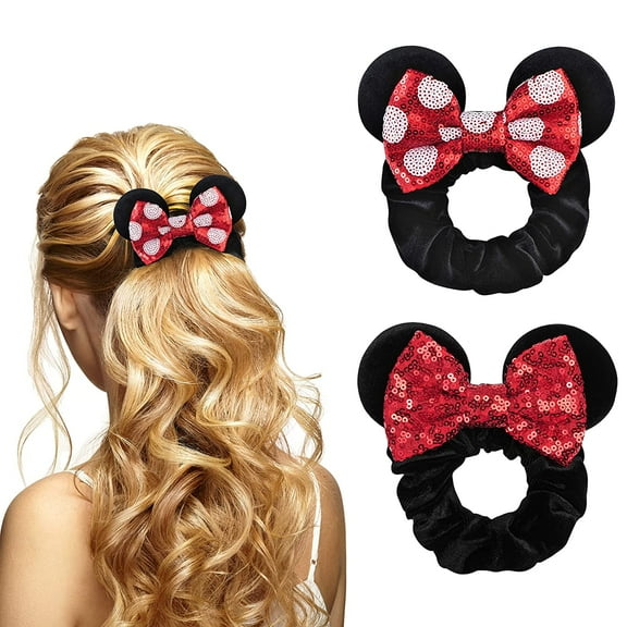 2 Pack Mouse Ears Scrunchies, TEKI Sequin Hair Band Velvet Hair Bows Hair Tie Ponytail Holder Hair Accessories for Women Girls (Red White Spot)