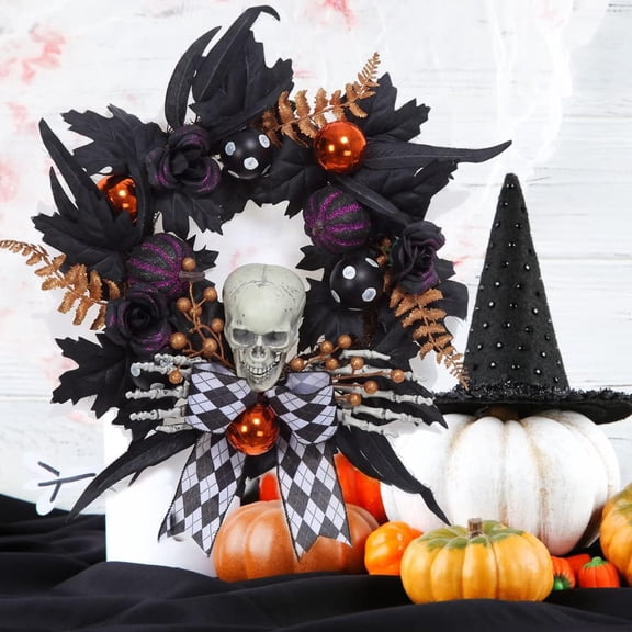 Halloween Wreath, 20 Inch Halloween Door Wreath Decorations for Front Door Halloween Decor Home Indoor Outdoor Black and White Plaid Bow