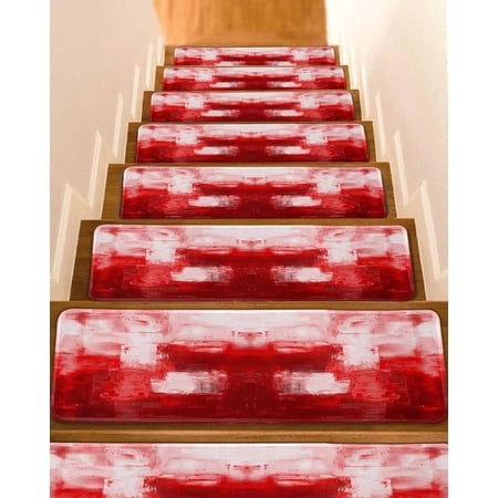Red Stair Treads for Wooden Steps Indoor Runner Rug Carpet, Modern White Oil Painting Art Abstract 7 Pieces Peel and Stick Staircase Step Treads Covers Washable Throw Door Mats, 30"x8"