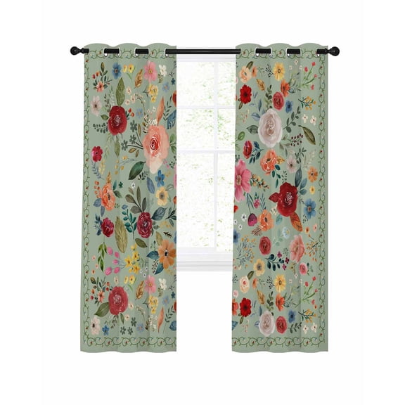 Sage Green Floral Blackout Curtains, Light Blocking Print Window Curtains, Spring Flowers Leaves Farmhouse Thermal Insulated Window Drapes for Living Room Kitchen Cafe 2 Panels, 55"W x 39"L
