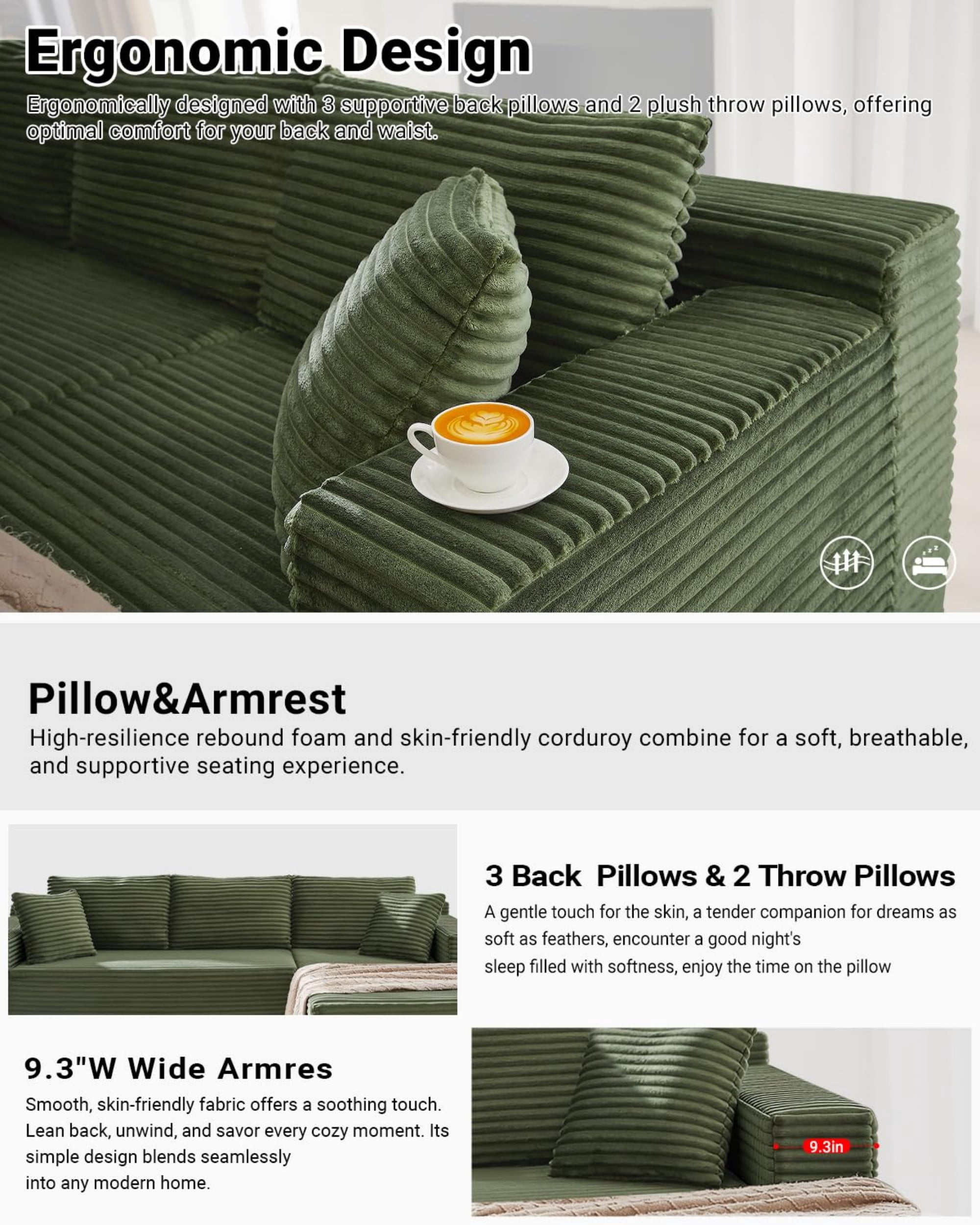 Aukfa 107" Cloud Modular Sectional Couch with Right-Facing Chaise, Corduroy Deep Seat Boneless Sofa for Living Room, Apartment, Green