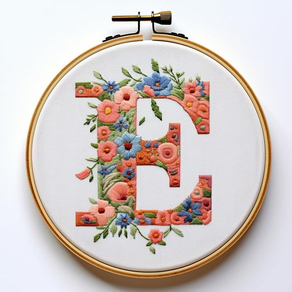 Letter E in Flowers Stamped Cross Stitch Kits for Beginners Easy with Hoop 11CT Needlepoint Embroidery DIY Counted Cross Stitch Kits Art Craft Wall Decor 35x35cm(1)