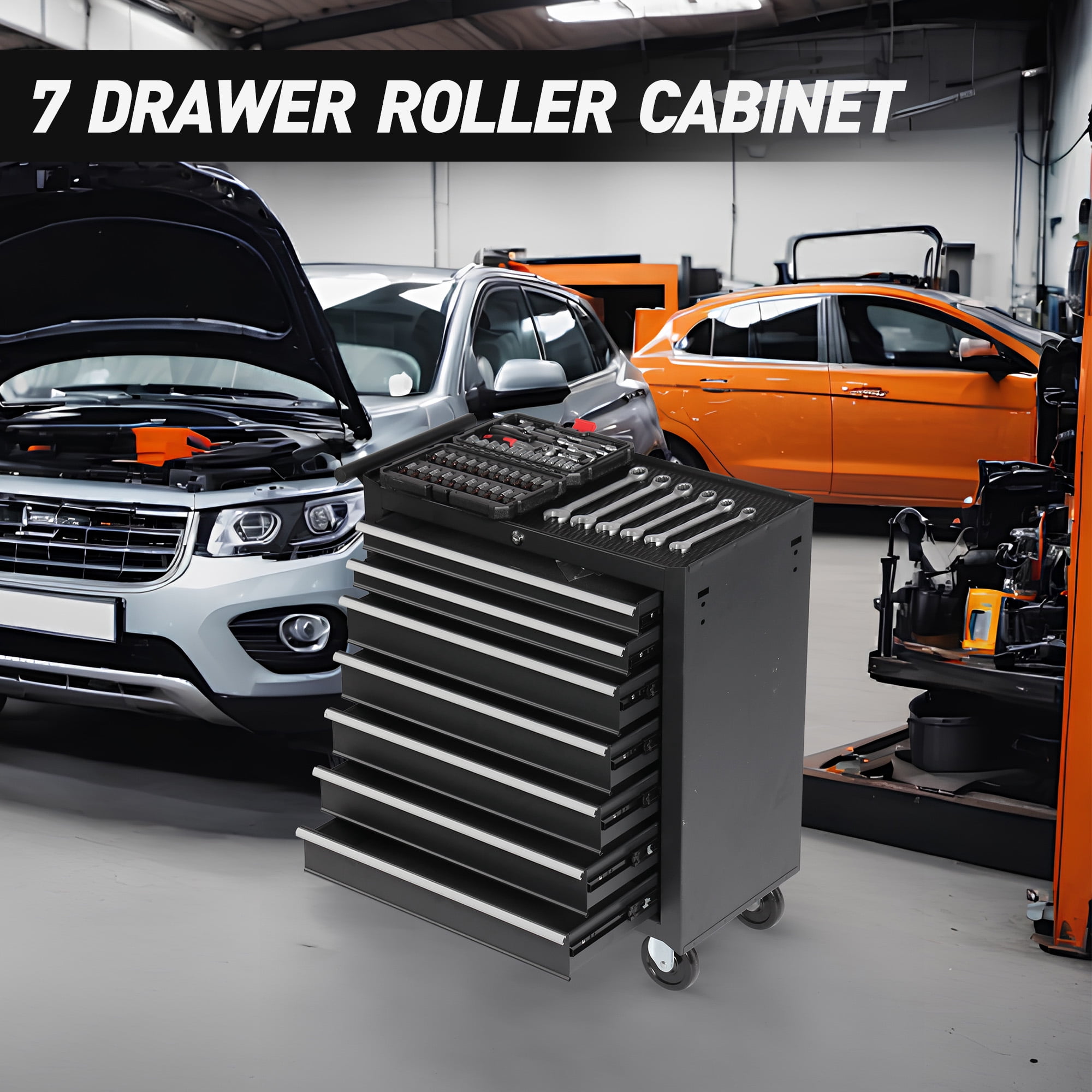 Rolling Tool Chest with 7 Drawer,Multifunctional Tool Box with Wheels,Mechanic Tool Storage Cabinet for Garage,Warehouse,Workshop,Black
