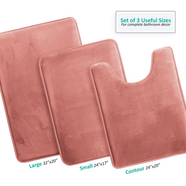 Set of 3 Clara Clark Bath Mat Bathroom Rug - Absorbent Memory Foam Bath Rugs - Non-Slip, Thick, Cozy Velvet Feel Microfiber Bathrug - Misty Rose - Large 20"x32" - Small 17"x24" - Contour 24"x20"