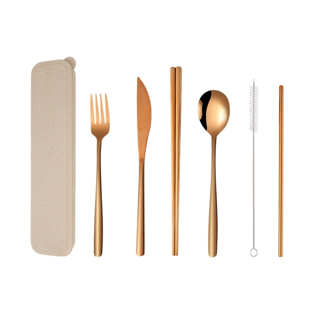 Mesa de Acero Inoxidable Coreano Set de Vajillas de Acero Inoxidable, Cuchillo, Tenedor, Cuchara, Palo de Comedor, Cepillo de Hierba, Bolsa de Almacenamiento, 7 Piezas Al Aire Libre de Campamento Cuch