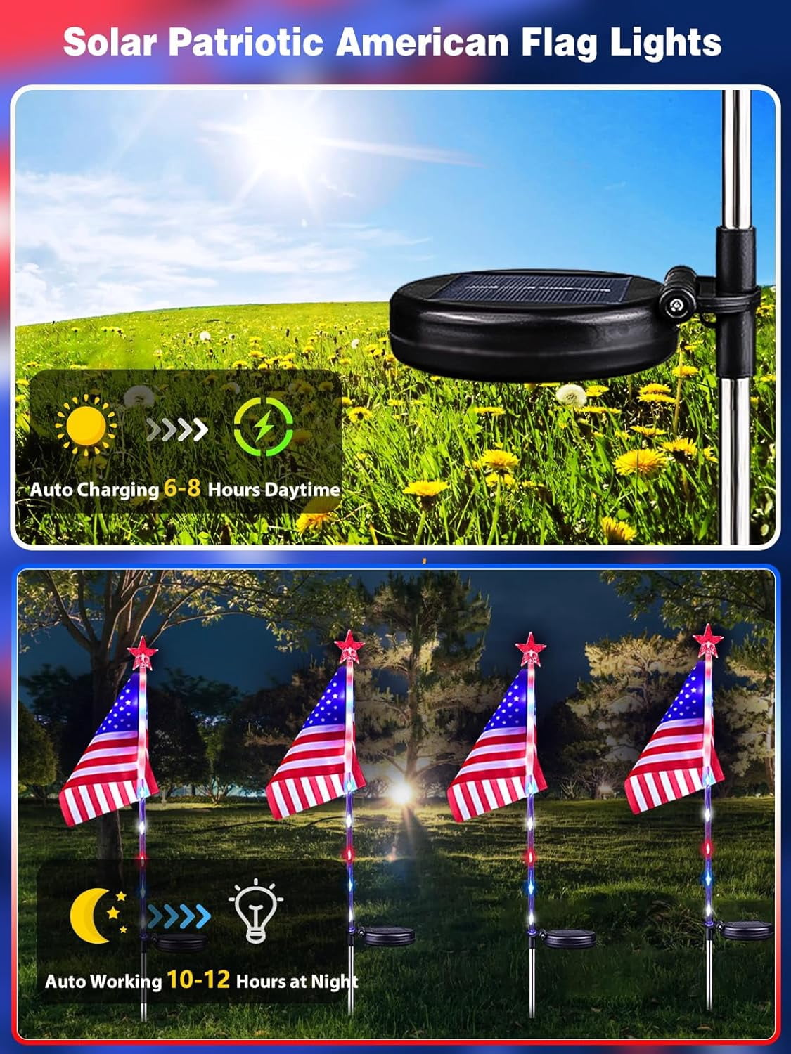 BZPIZ American Flag Solar Lights Outdoor, 4th of July Decorations Red White and Blue Star Lights, 2 Modes Waterproof Patriotic Lights for Anniversary Independence Memorial Day Garden Yard