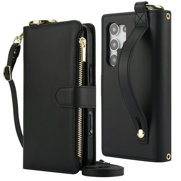 Decase Crossbody Wallet Case for Samsung Galaxy S22 Ultra 5G RFID Blocking 6-Card Holder Soft PU Leather Adjustable Shoulder Strap Zipper Pocket Metal Buckle Wristband Phone Case,Black