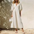 thumbnail image 2 of ZHOGXU Women's Summer Dresses V Neck Puff Half Sleeve Maxi Dress Casual Sundress For Work,Beige,L, 2 of 4