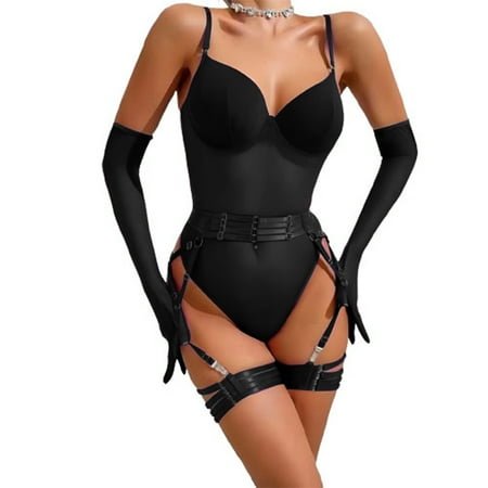 Tqcoqu Women s Sexy Mesh Tight Fitting Jumpsuit Foreign Trade Garter Belt Crotch Opening Lingerie Gloves