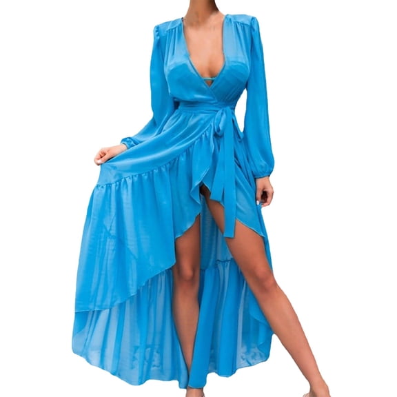 JIAYUE Womens Swimwear Cover-Ups Pure Color V Neck Lace Up Ankle Length Ruffle Hem Breathable Flowy Long Sleeve Beach Comfortable Vacation Swimsuit Cover Up Dresses