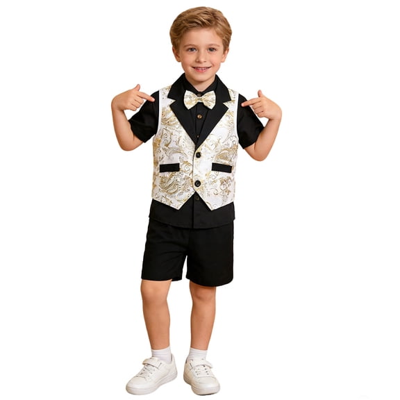 oqasdz Toddler Boy Clothes Formal Classic Style Gold Vest Short Sleeve Shirt and Shorts 3 Piece Childrens Clothes Sets