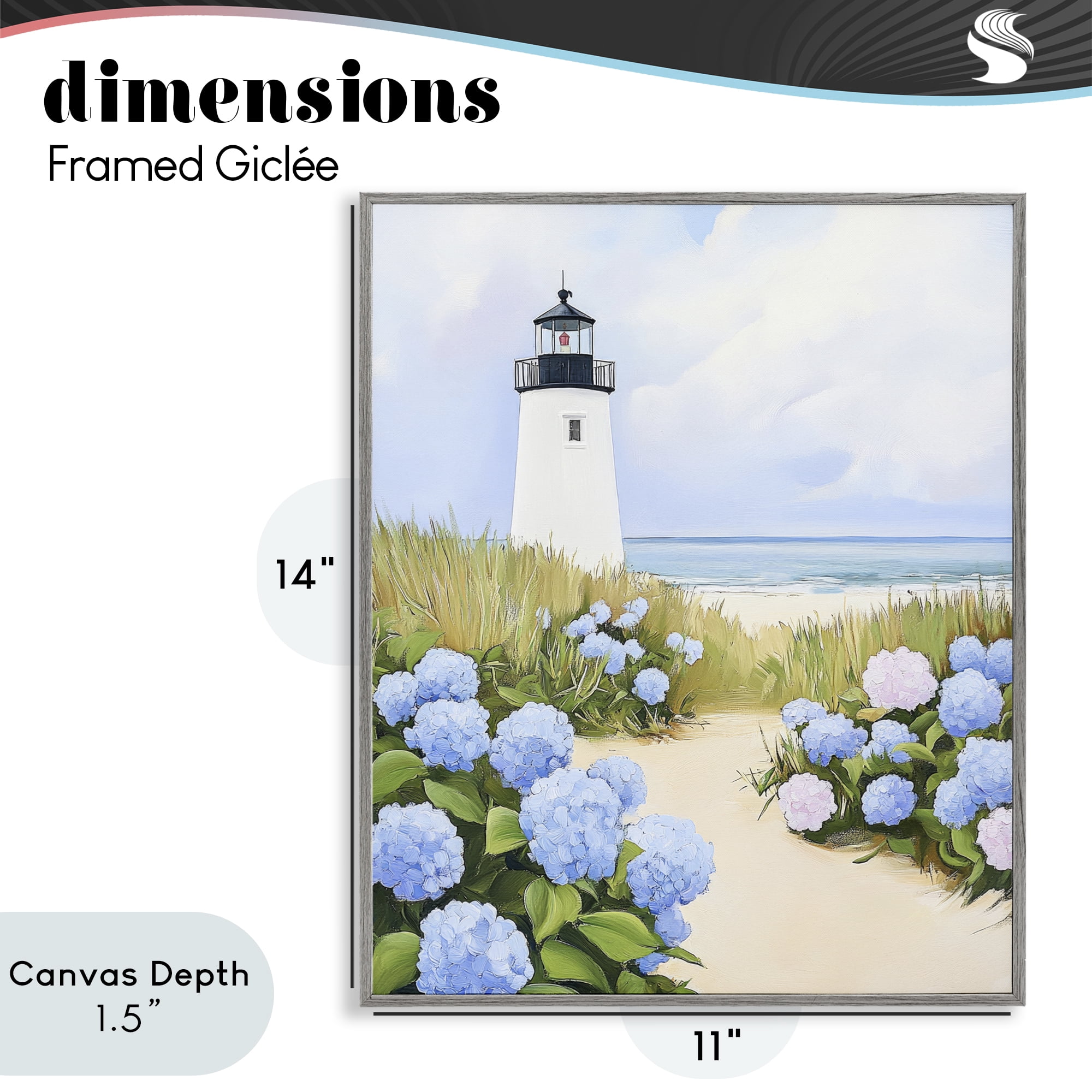 Stupell Industries Hydrangea Path Leading to Lighthouse Gray Framed Giclee Art, design by Sisi and Seb