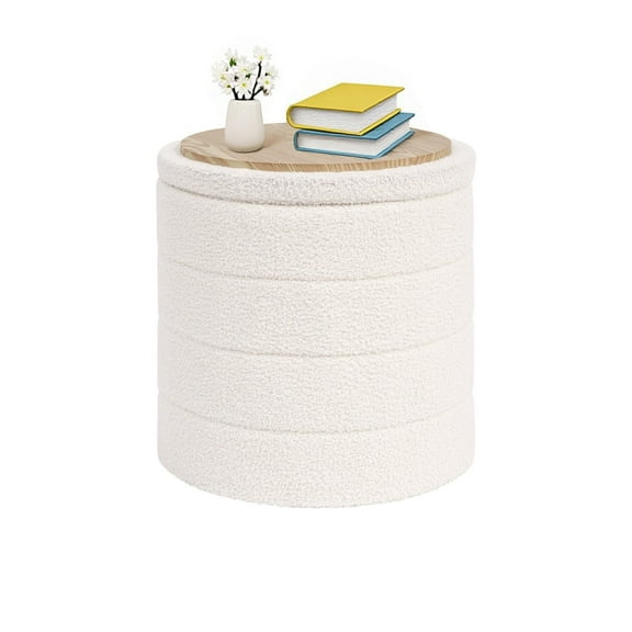 B FSOBEIIALEO 16.9inch Collapsible Storage Ottoman Round with Tray Teddy Fabric Living Room Bedroom Ottoman with Storage(White)