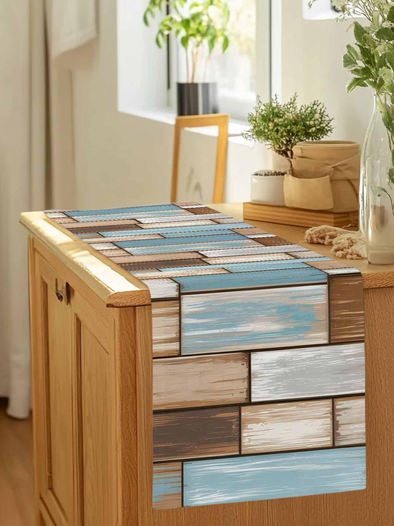 Vintage Farmhouse Wooden Board Table Runner 90 Inches Long, Rustic Blue Brown Wood Plank Table Runners Tabletop Scarf Kitchen Dining Tables Decoration for Home Party Indoor Outdoor