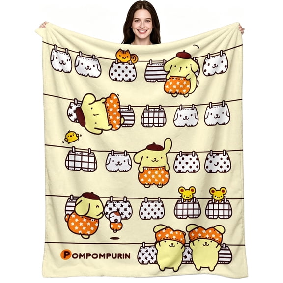 Pompompurin Kawaii Japanese‑Style Flannel Throw Blanket, Adorable Cartoon Aesthetic, Soft Cozy Warm Skin‑Friendly, Napping‑Ready for Couch, Bed, Sofa, Living Room, Bedroom