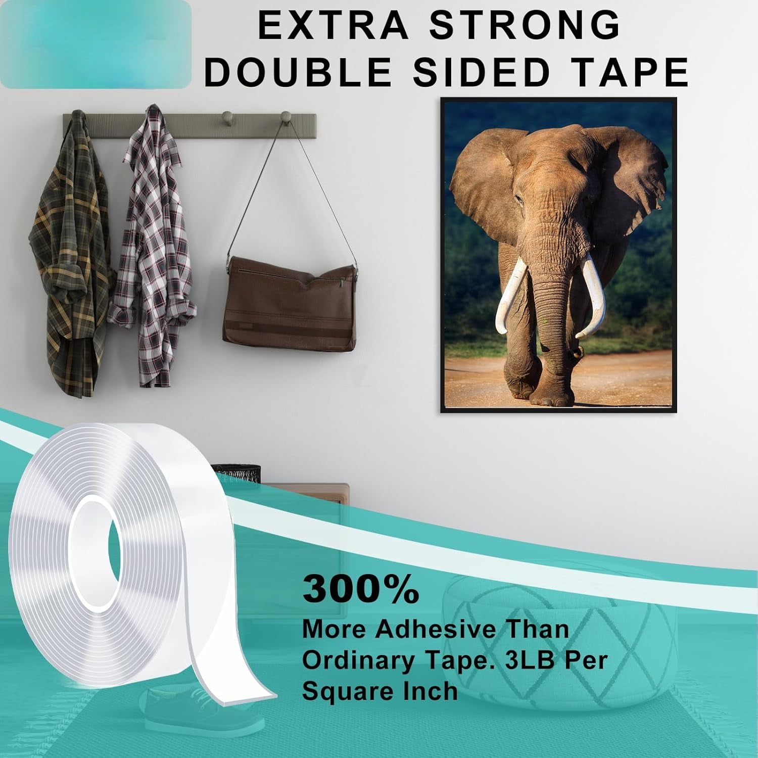 Extra Strong Double Sided Tape Heavy Duty Removable 50FT, Clear Sticky Adhesive Nano Tape Tough Washable Waterproof Mounting Tape for Hanging Picture, Poster, Carpet, Photo Deco, Pack of 5