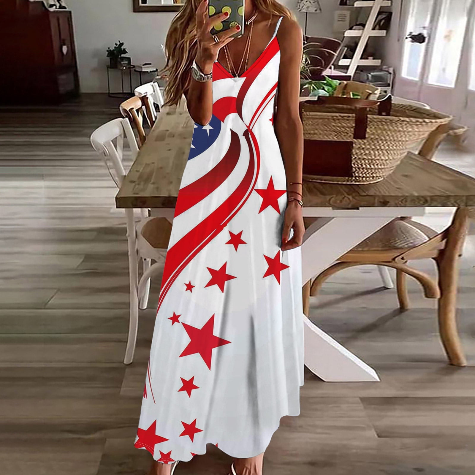 4th of july bridesmaid dresses CFLVAEK American Flag Dress for Women Plus Size Sleeveless V Neck Sundress Patriotic A Line Dress Independence Day Spaghetti Straps Party Maxi Dress S a wrapped bodice responsible fashion Navy Blue Maxi Dress Color:Atlantic Blue