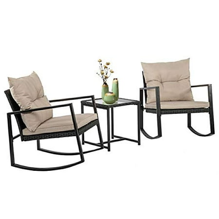 Outdoor Furniture Stores In Houston Outdoor Patio Rocking Chair 3 PCS Bistro Set Garden Conversation Sets Wicker Rattan Furniture for Backyard Porch Balcony Poolside ()