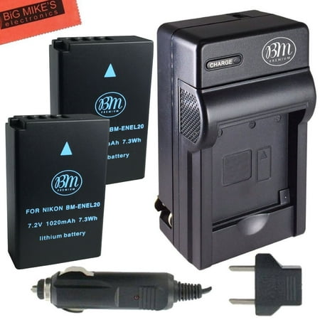 Vpc J2 Battery BM Premium Pack of 2 ENEL20, EN-EL20a Batteries And Battery Charger for Nikon DL24-500, Coolpix A, 1 AW1, 1 J1, 1 J2, 1 J3, 1 S1, 1 V3 Digital Camera ()