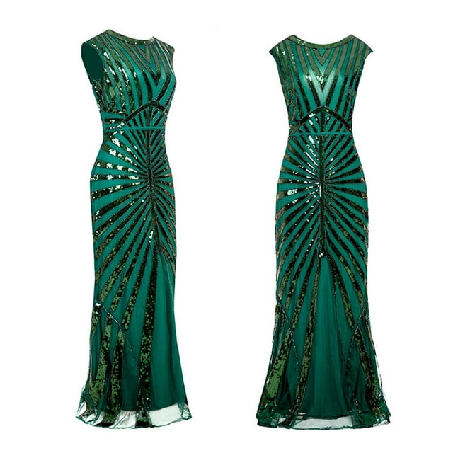 Prolriy Robe de Cocktail Robe Vintage pour Femmes Années 1920 à Paillettes Perles Franges Robe de Soirée Sans Manches Longue Maxi Robe de Soirée pour Femmes Robe de Réveillon Nouvel An 2025 Verte m