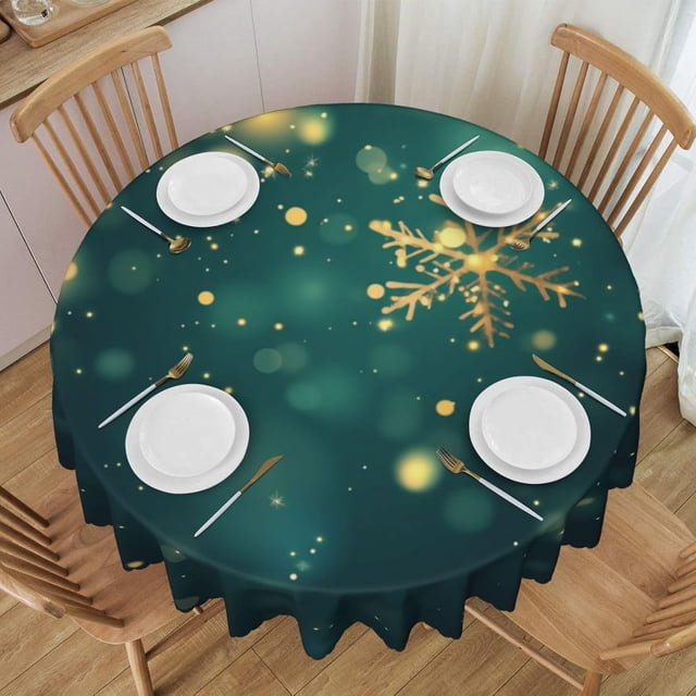 Round Tablecloth Teal Snowflake Winter Christmas 60 Inch Table Cover for Dining Polyester Cloth with Scalloped Edges Stain Resistance Kitchen Picnic Party Restaurant Decoration