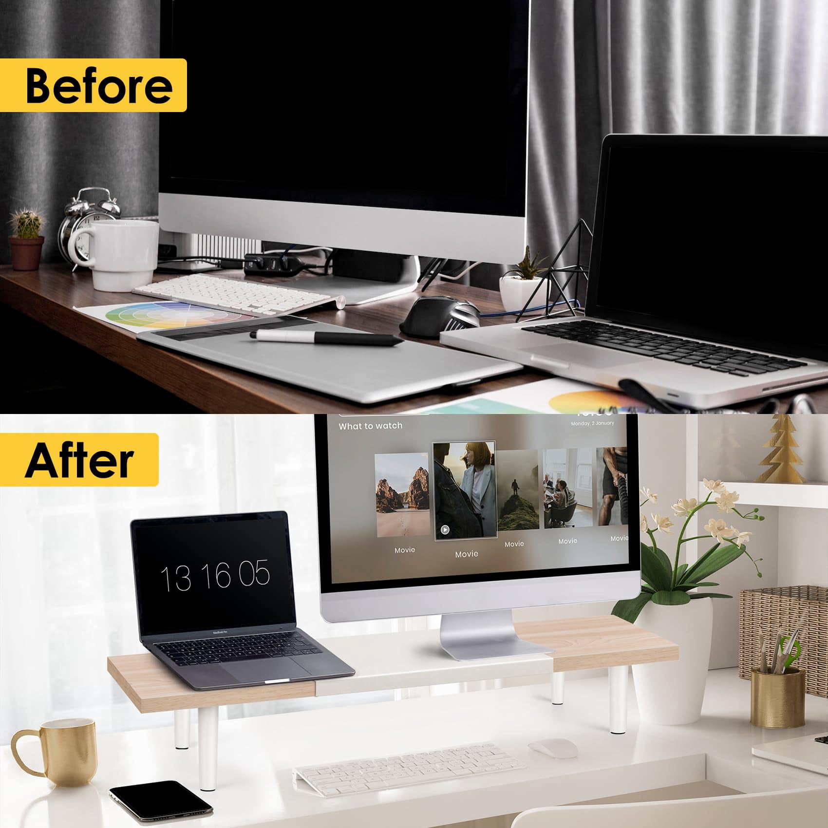Dual-monitor-stand-riser-for-desk Adjustable Length 32-40 Inch Large Desktop Computer Monitor Riser For 2 Screens Desk Shelf Organizer Stand Computer/laptop/pc/printer/tv Black