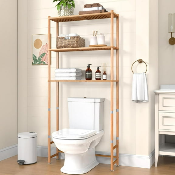 Over The Toilet Storage, 3-Tier Bamboo Toilet Shelf, Freestanding Above Toilet Bathroom Organizer, Bathroom Storage Cabinet, Space Saver for Laundry(Natural Color, 3-Tier)
