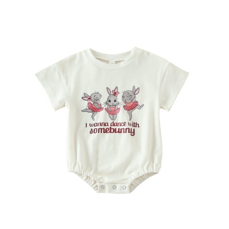 

Ma&Baby Infant Baby Girls Summer Casual Romper White Short Sleeve Crew Neck Letter Bunny Print Playsuit