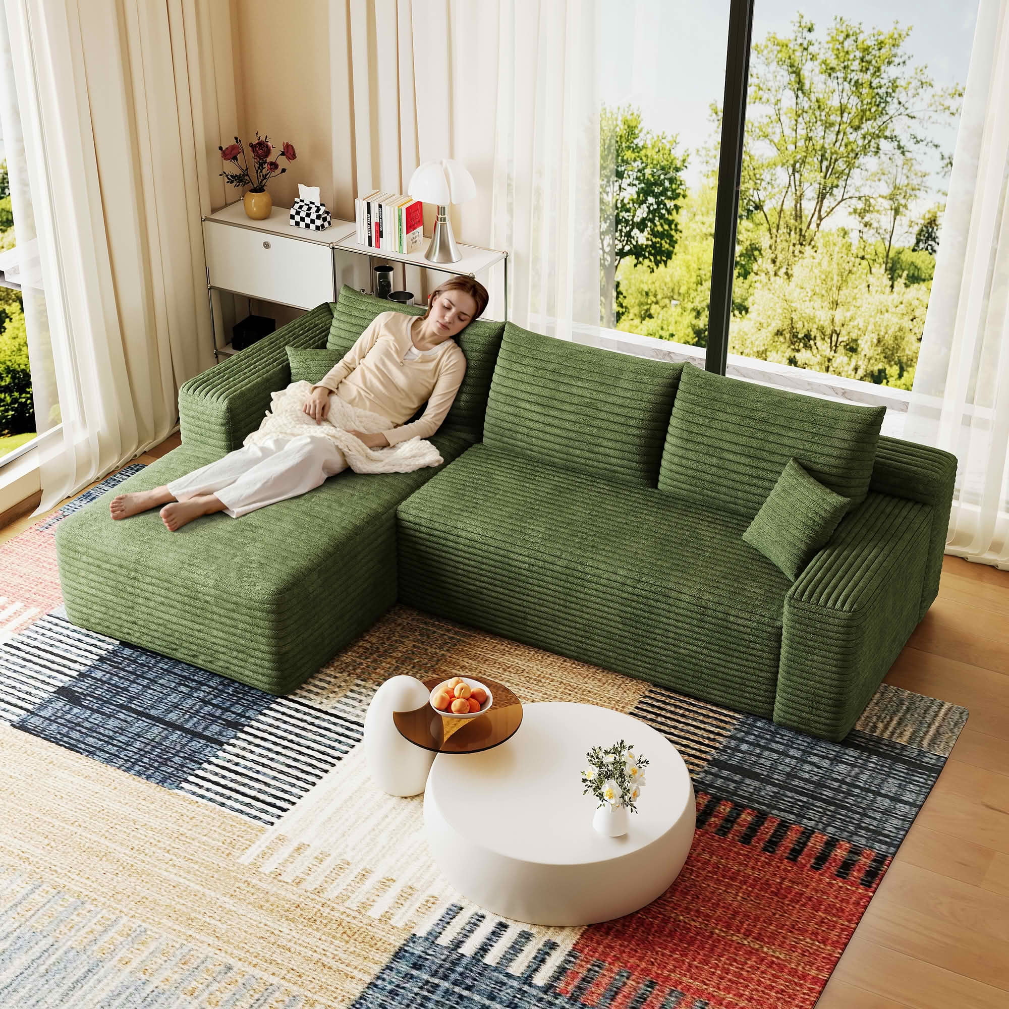 MAYEERTY 95 Inch Cloud U Shaped Sectional Sofa, Plush Corduroy Deep Seat Corner Couch, No Assembly Modern Minimalist Sofa for Living Room Apartment