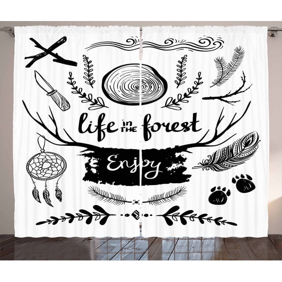 Ambesonne Adventure Curtains 2 Panel Set, Antlers Tree Feathers, 108" x 90", Charcoal Grey White